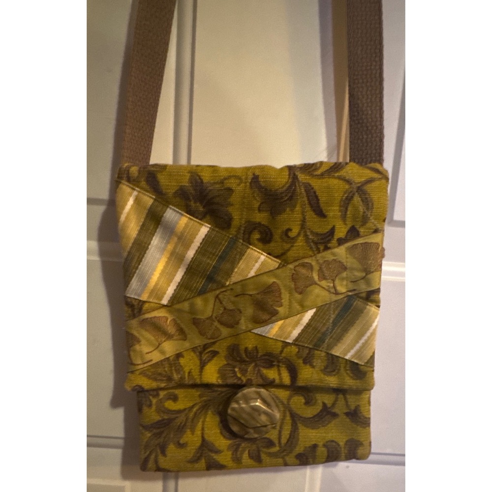 Handmade Crossbody Purse Jacquard Olive Green Fabric Large Decorative Button 9"